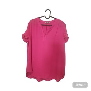 Pleione Fuchsia Short-Sleeve V-Neck Blouse